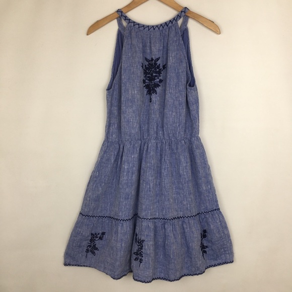 Anthropologie Roller Rabbit Mini Dress Embroidered Linen Blue Sleeveless Size XS - Picture 12 of 16